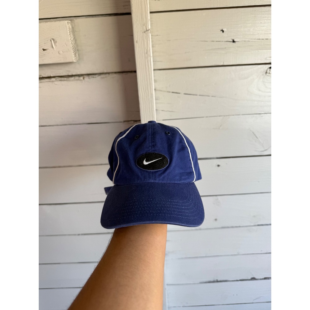 Nike Navy Blue Oval Swoosh Logo Adjustable Baseball Cap Hat with White Piping